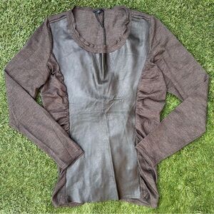 Lafayette 148 Genuine Leather & Wool Ruched Rustic Black Brown Long Sleeve Top L